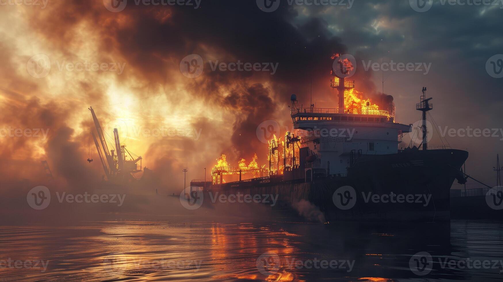 AI generated fire in the seaport burning ship, cargo ship photo