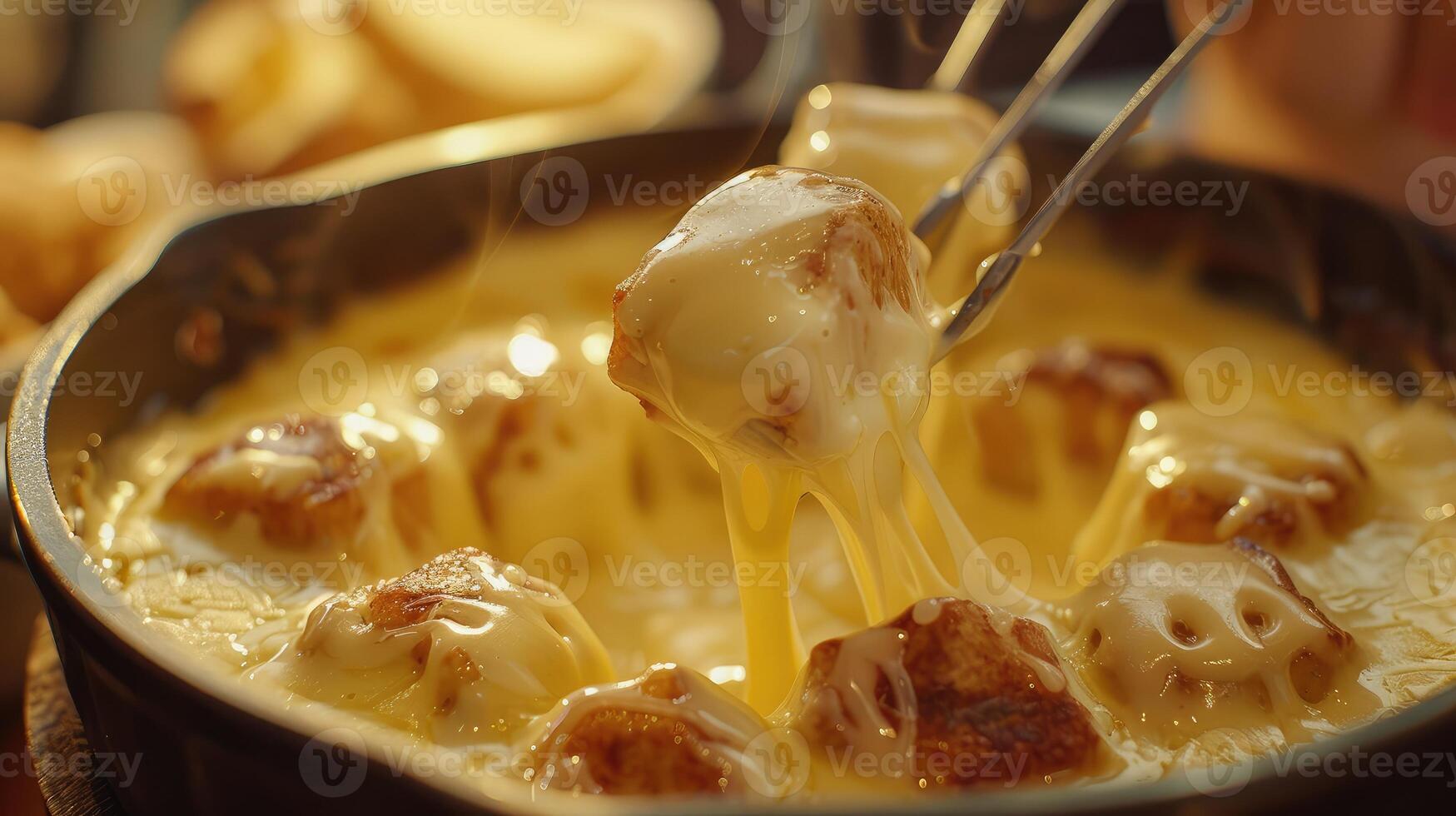 AI generated Delicious cheese fondue with dipping forks coated in melted cheese photo