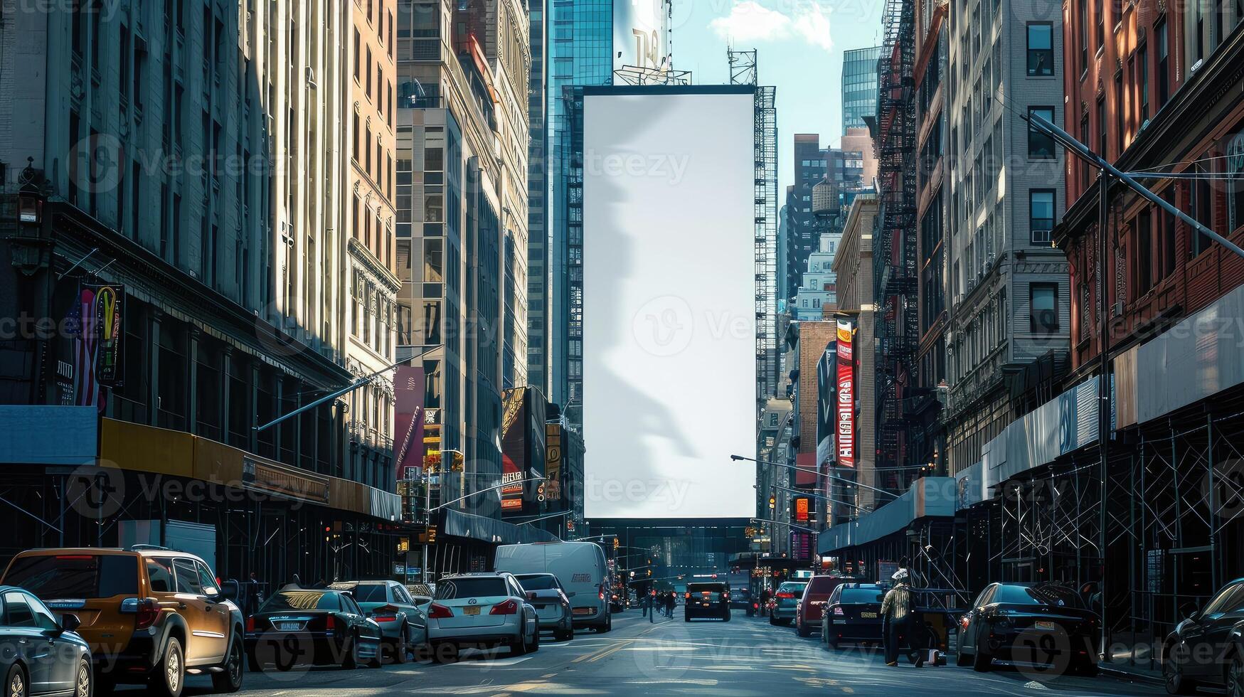 ai generado un blanco vertical cartelera imponente encima un ciudad calle, exhibiendo potencial publicidad conceptos foto