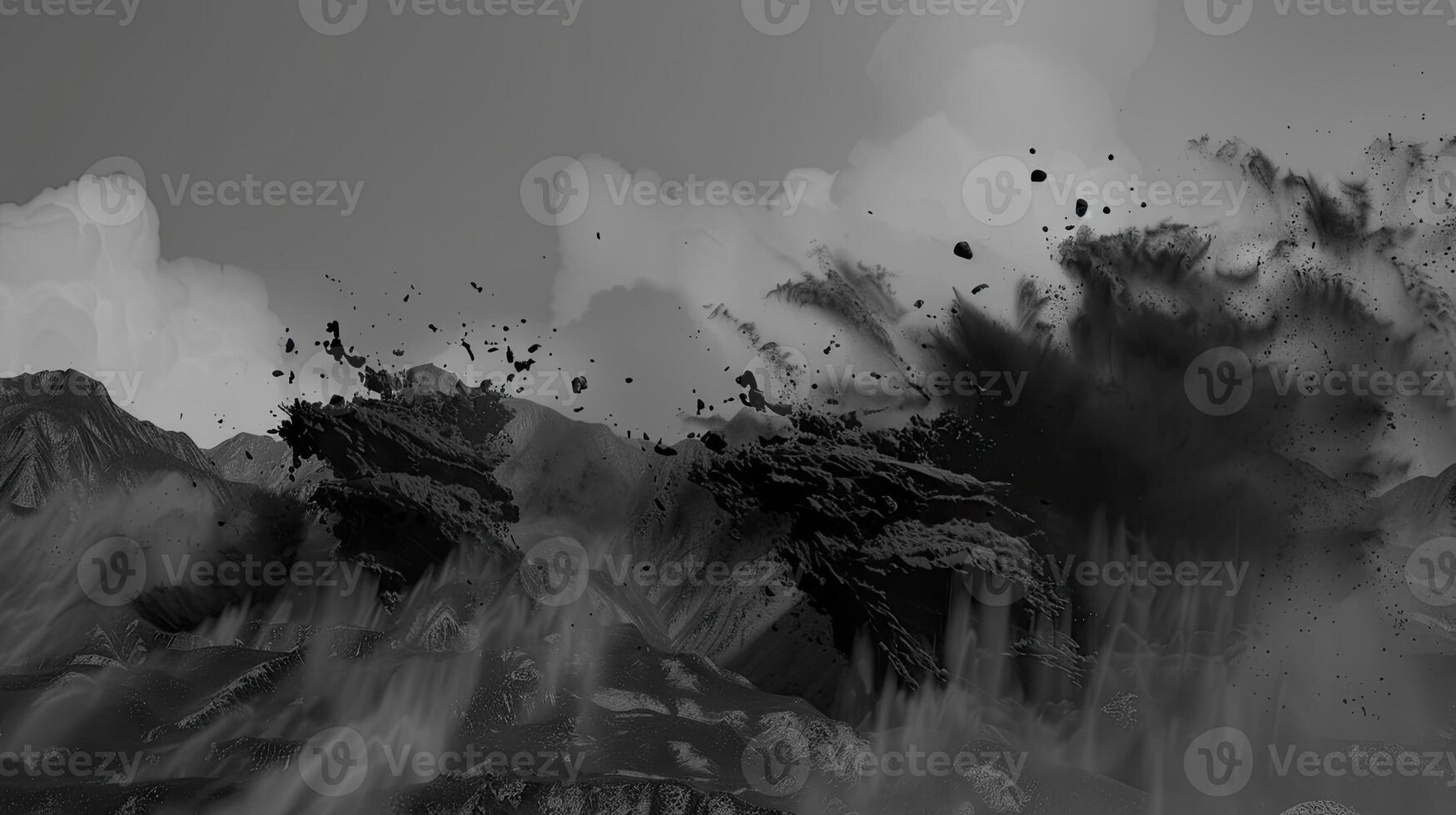 AI generated Abstract black dusty and rocks piles floating in the air photo