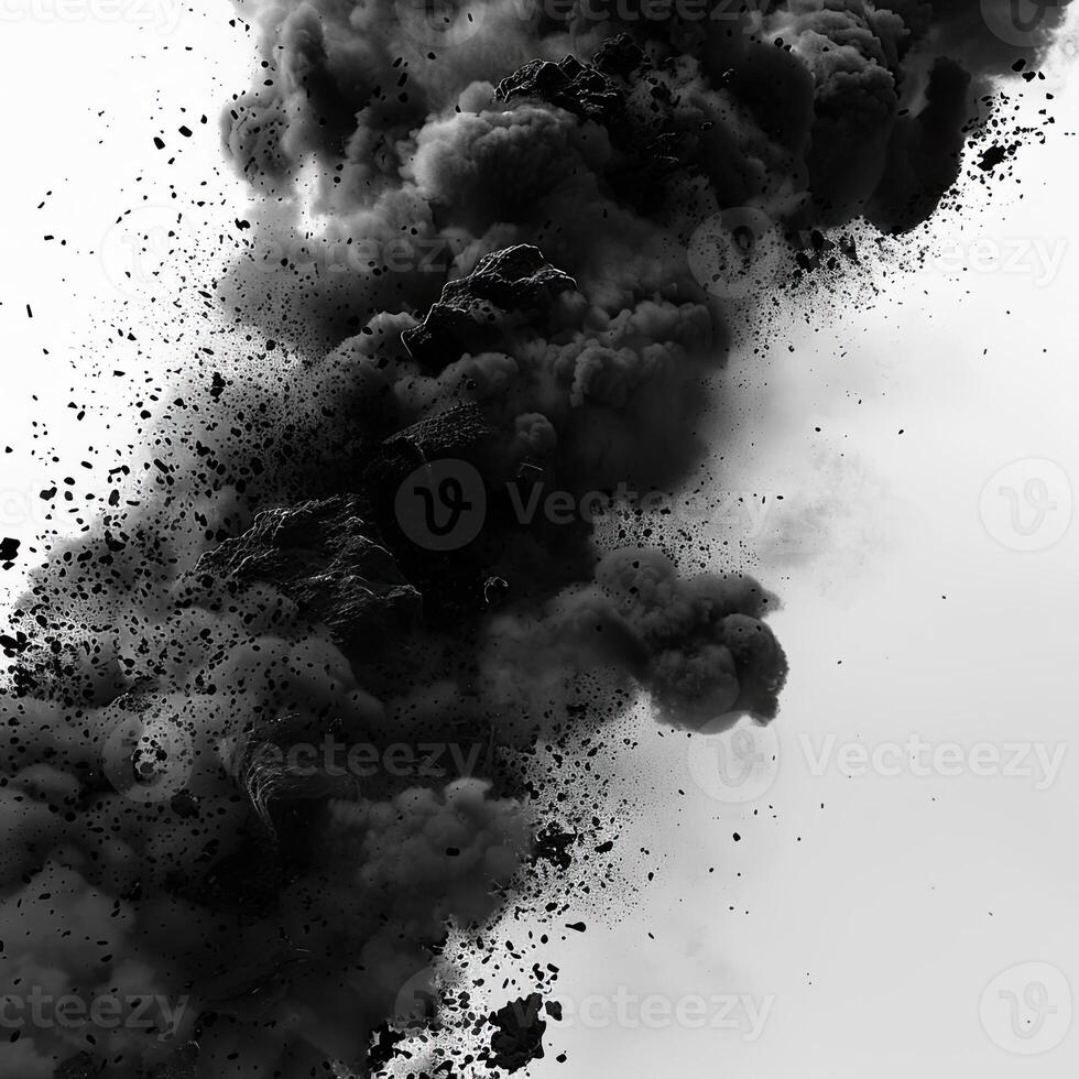 AI generated Abstract black dusty and rocks piles floating in the air photo