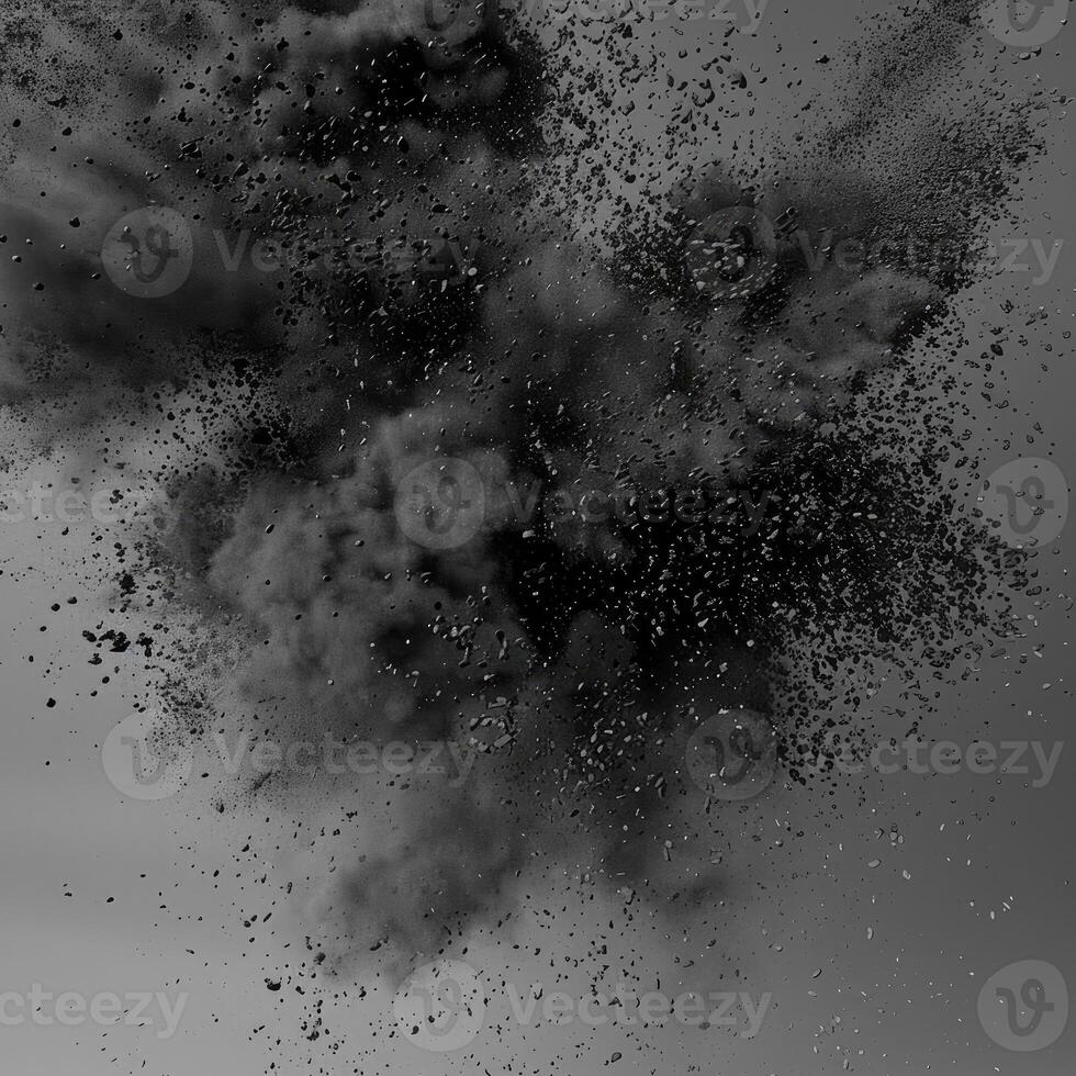 AI generated Abstract black dusty and rocks piles floating in the air photo