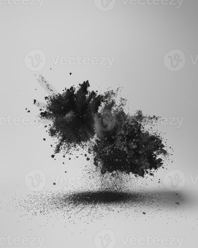 AI generated Abstract black dusty and rocks piles floating in the air photo