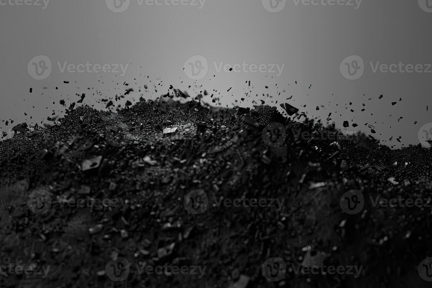 AI generated Abstract black dusty and rocks piles floating in the air photo