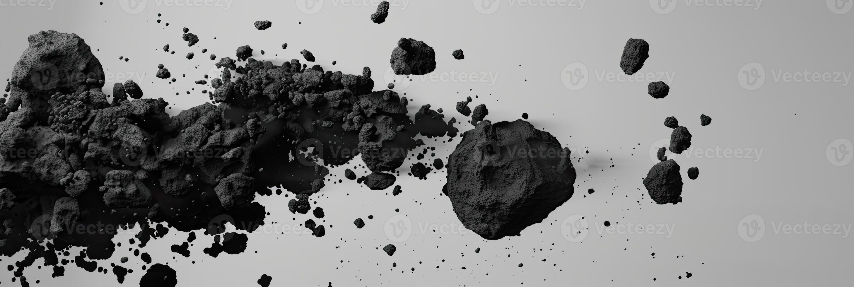 AI generated Abstract black dusty and rocks piles floating in the air photo