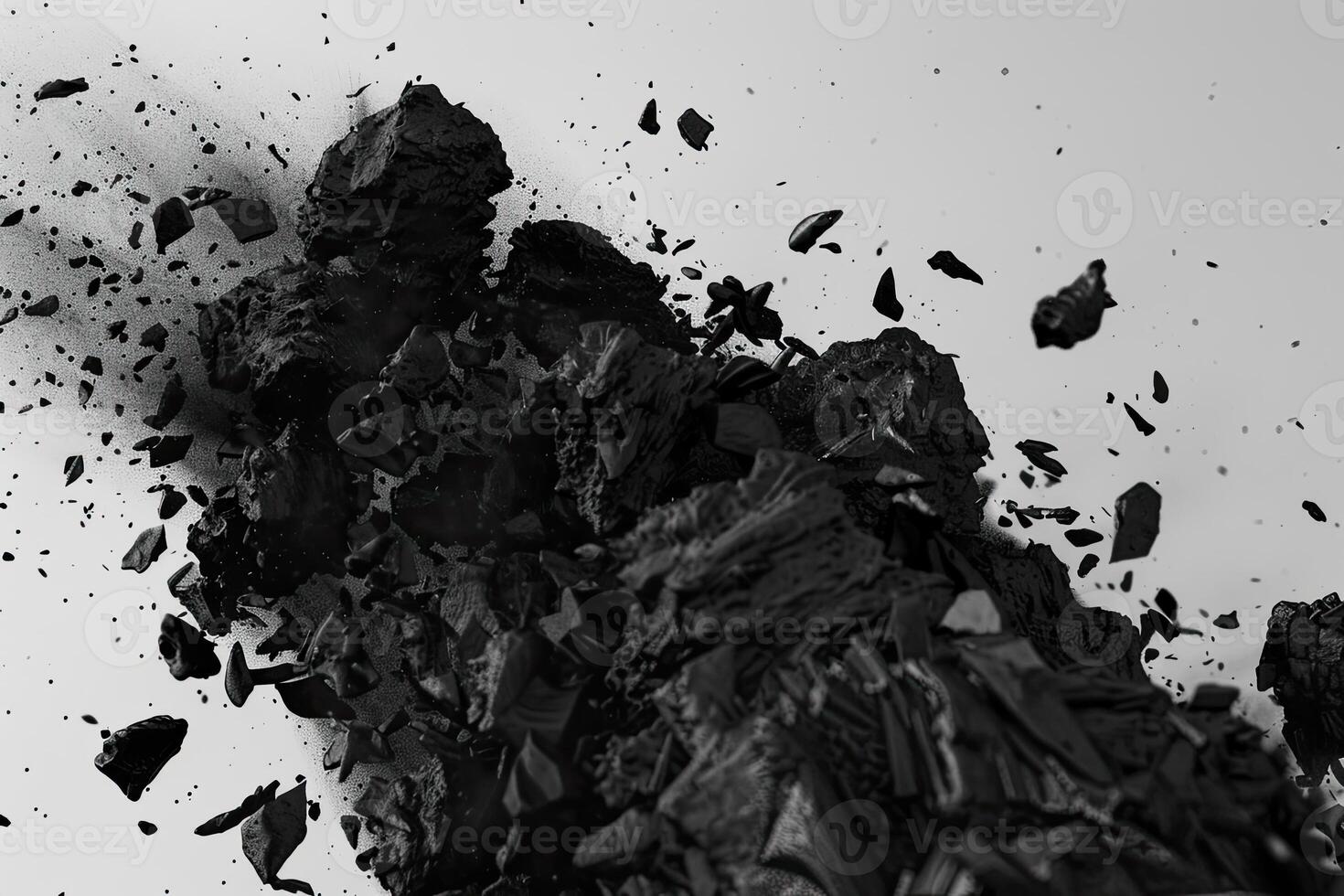 AI generated Abstract black dusty and rocks piles floating in the air photo