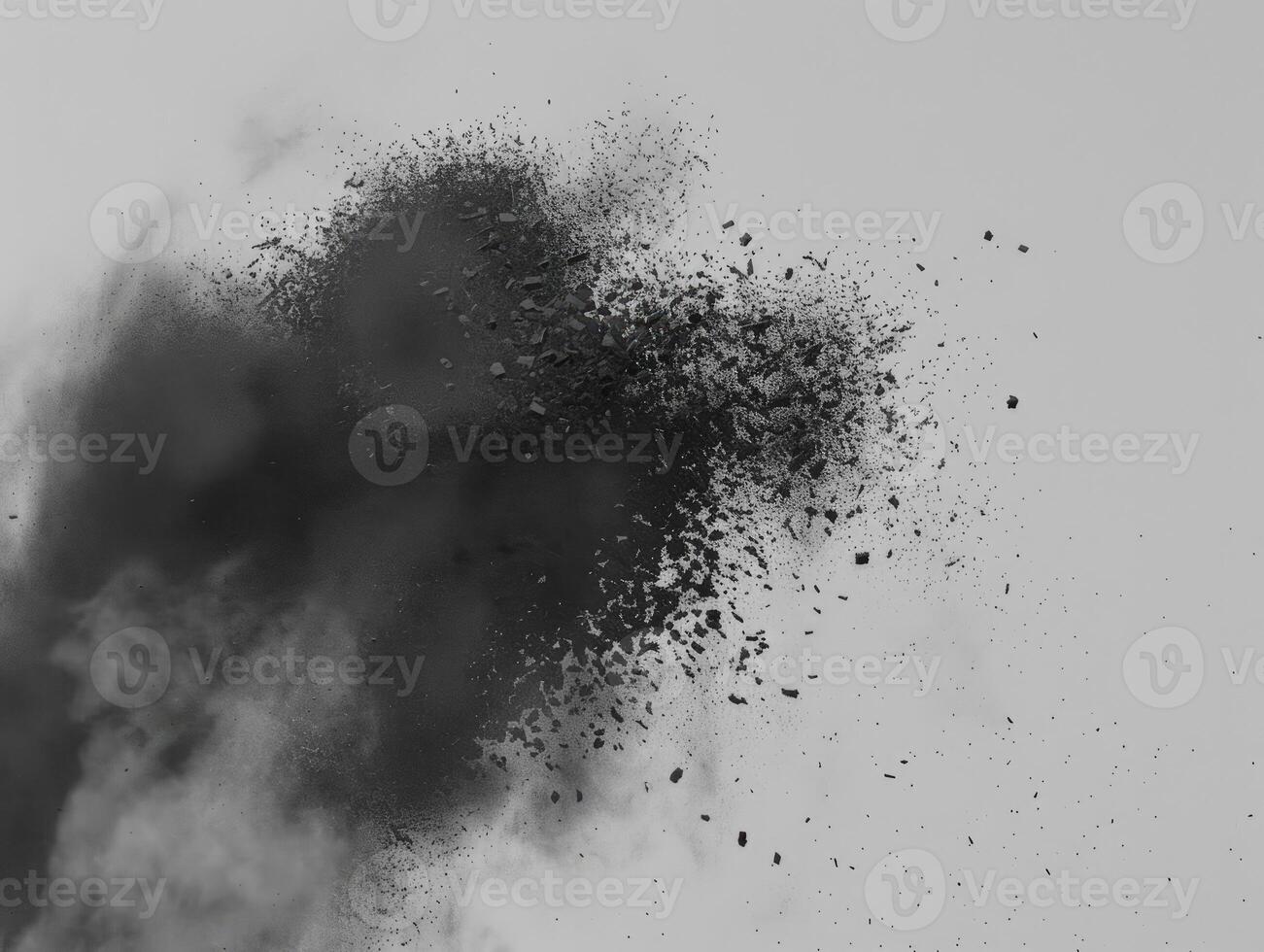 AI generated Abstract black dusty and rocks piles floating in the air photo