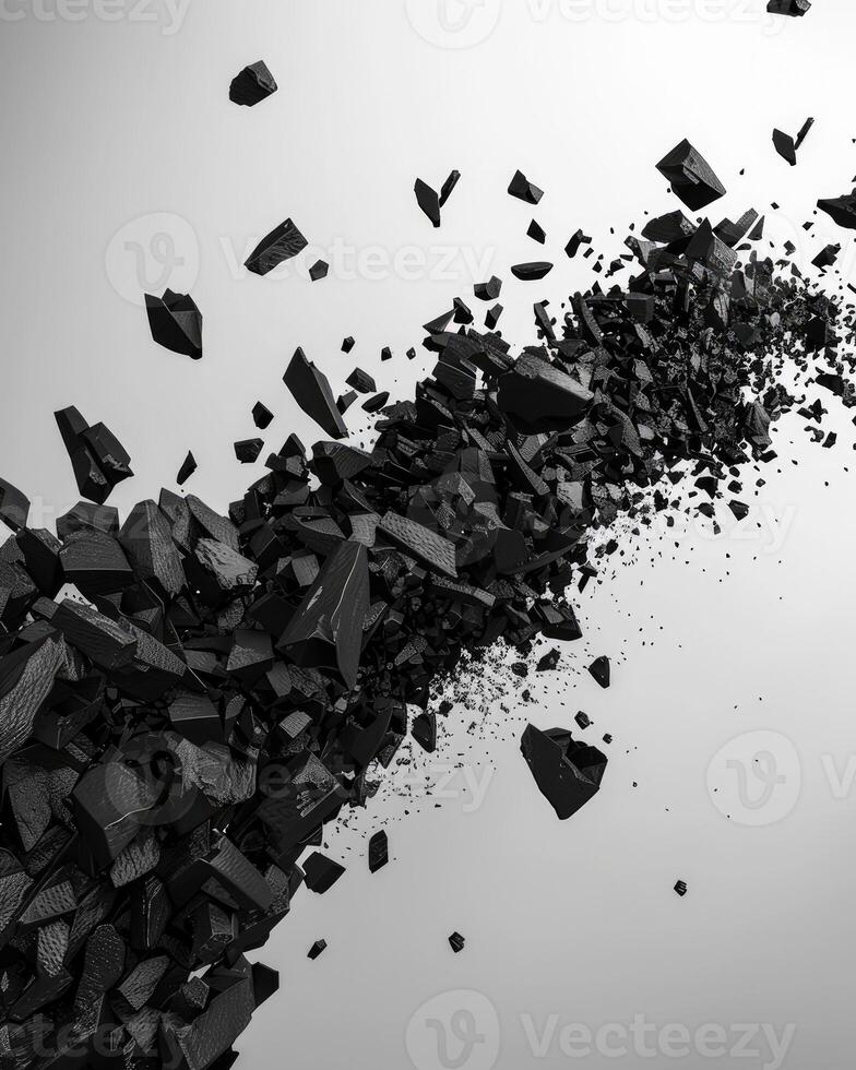 AI generated Abstract black dusty and rocks piles floating in the air photo