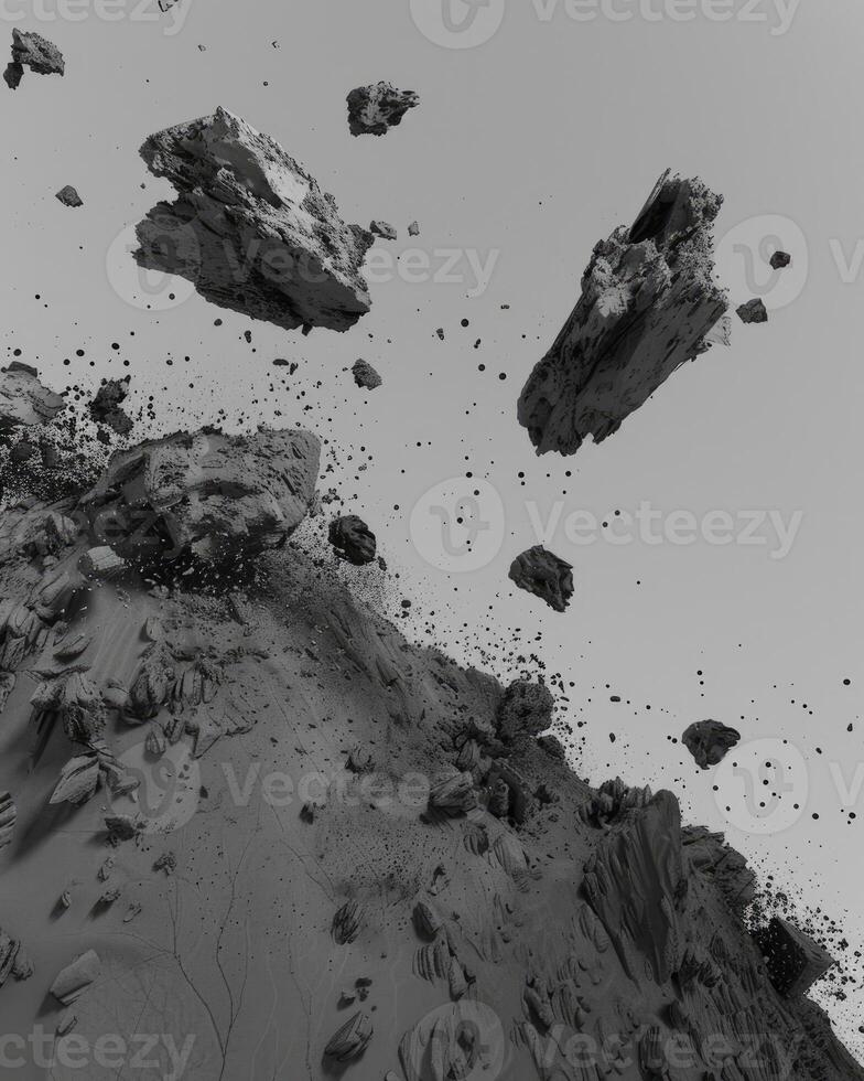 AI generated Abstract black dusty and rocks piles floating in the air photo