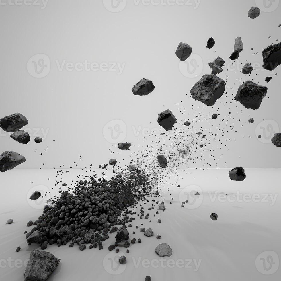 AI generated Abstract black dusty and rocks piles floating in the air photo