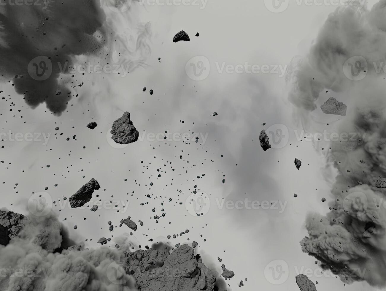 AI generated Abstract black dusty and rocks piles floating in the air photo