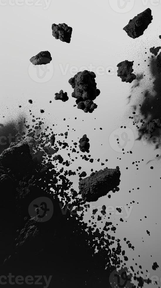 AI generated Abstract black dusty and rocks piles floating in the air photo