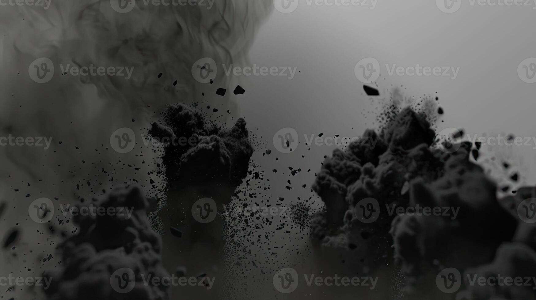 AI generated Abstract black dusty and rocks piles floating in the air photo