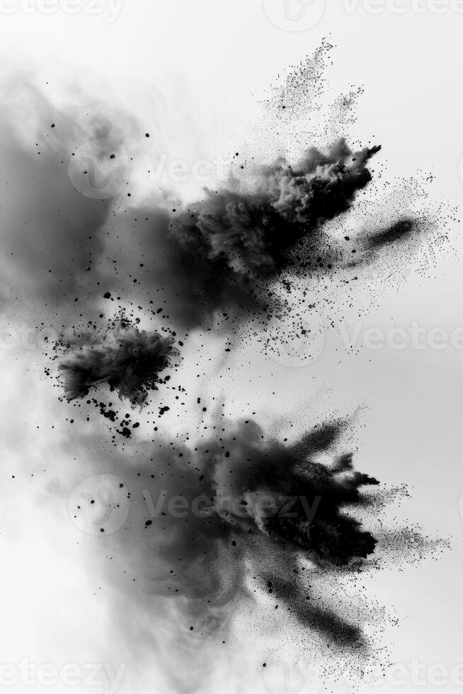 AI generated Abstract black dusty and rocks piles floating in the air photo