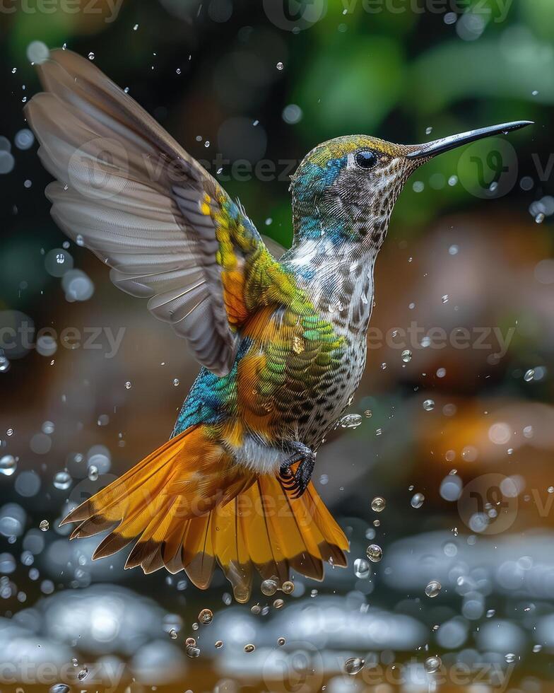 ai generado un muy hermosa colibrí cerca el río foto