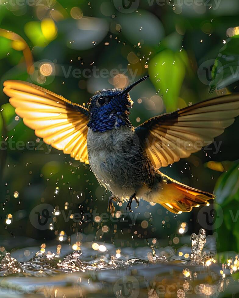 ai generado un muy hermosa colibrí cerca el río foto