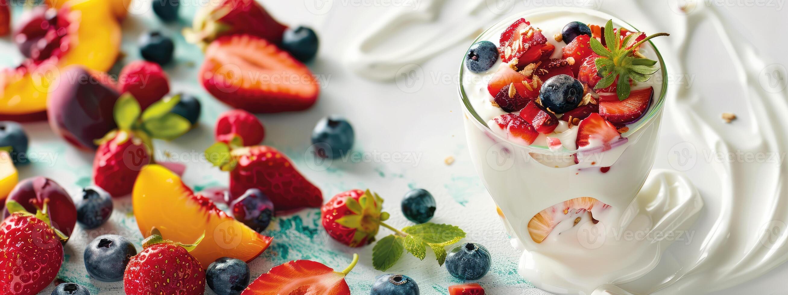 AI generated background with yogurt, strawberries, peaches and blueberries photo