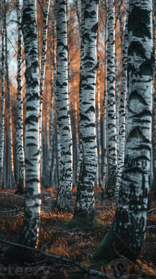 AI generated A relaxing forest of white birches photo