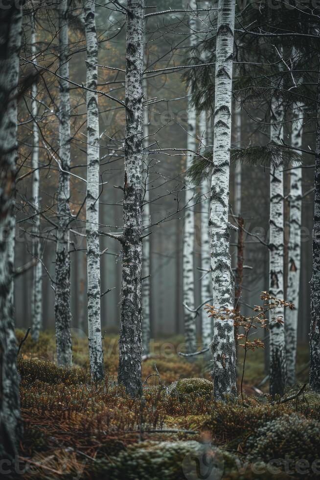 AI generated A relaxing forest of white birches photo