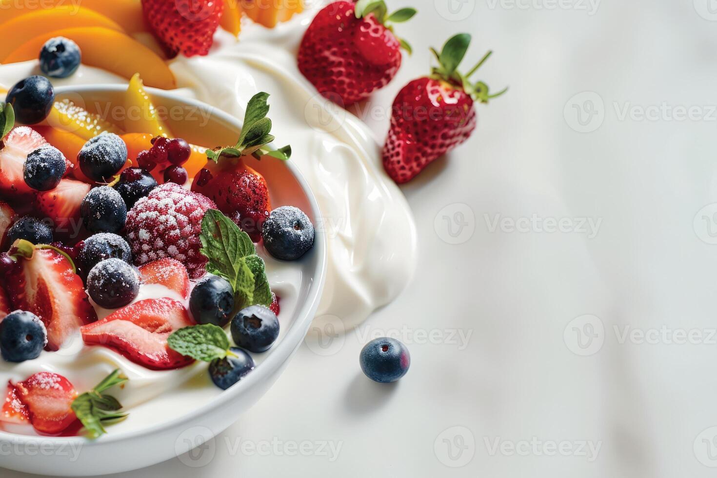 AI generated background with yogurt, strawberries, peaches and blueberries photo
