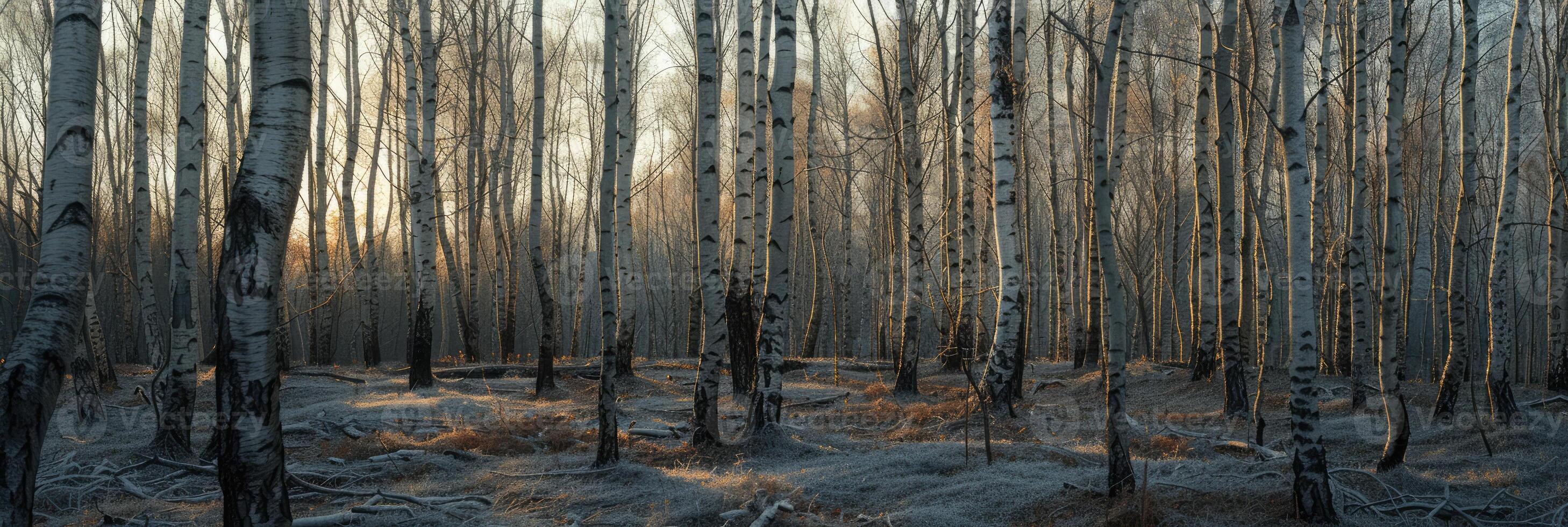 AI generated A relaxing forest of white birches photo
