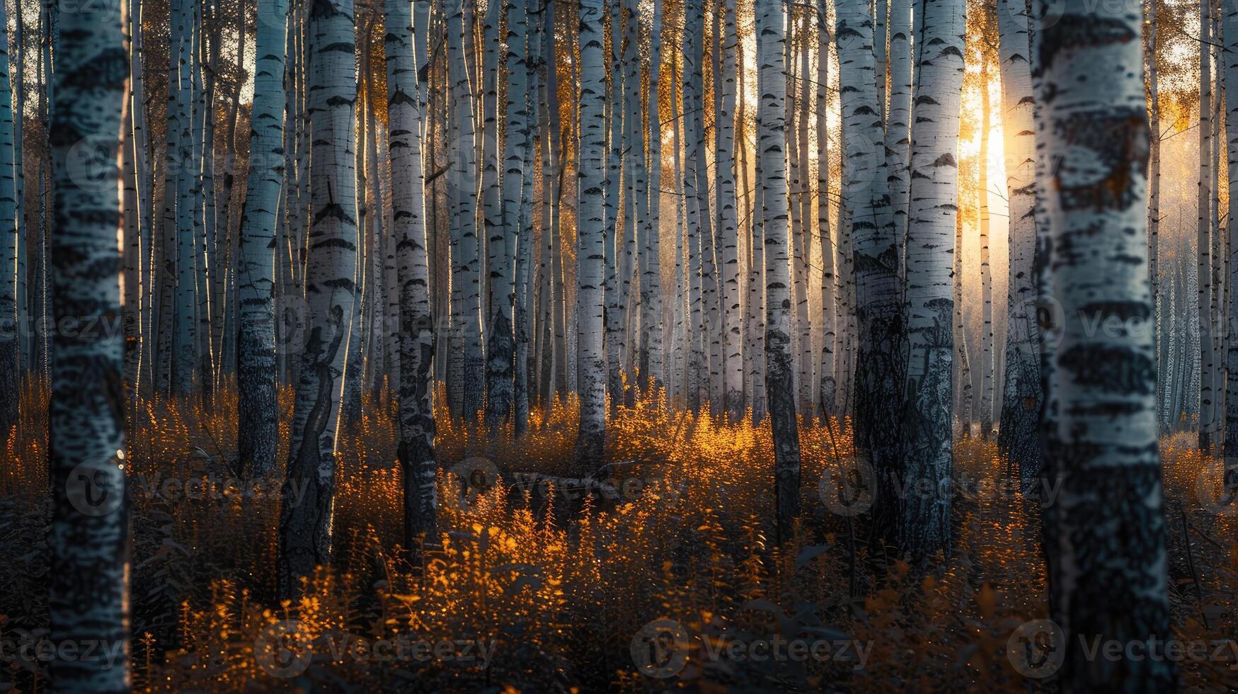 AI generated A relaxing forest of white birches photo