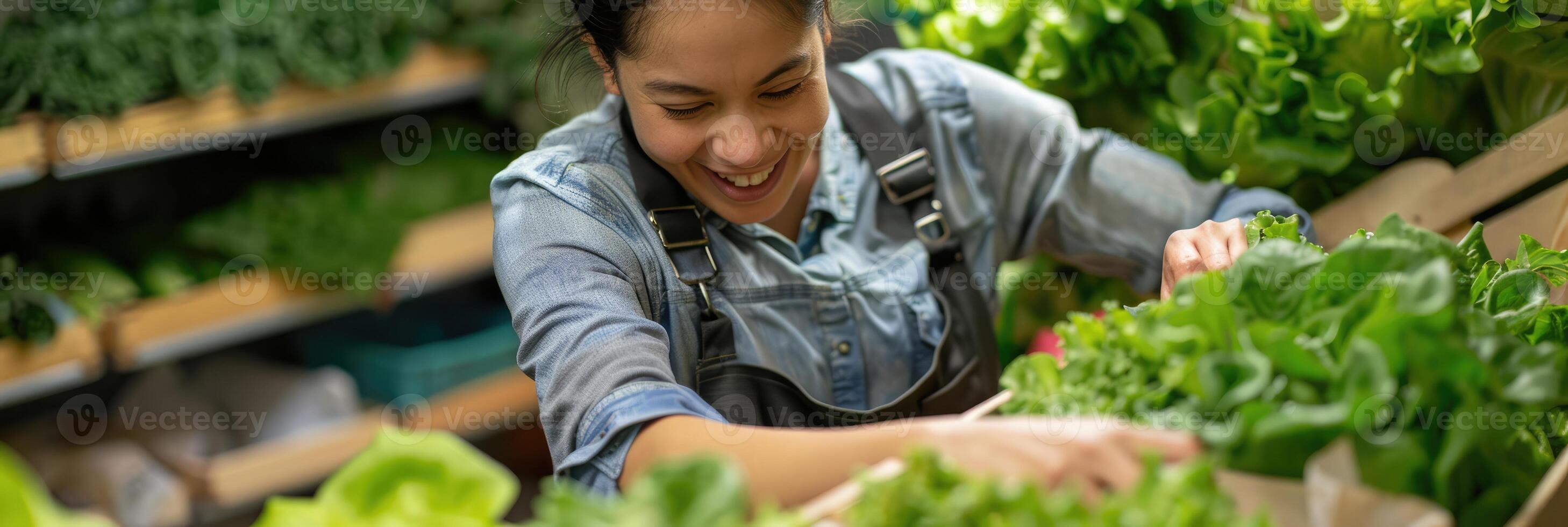 AI generated female farmer picking cos lettuce from a wooden vegetable container photo