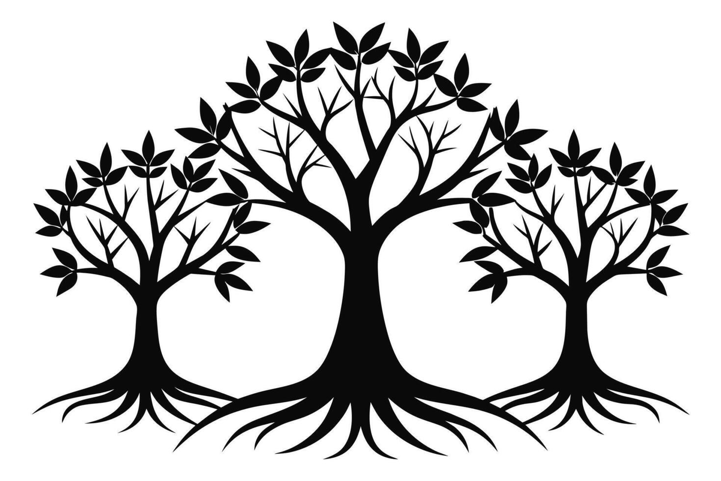 Black Trees with roots set isolated on white background vector