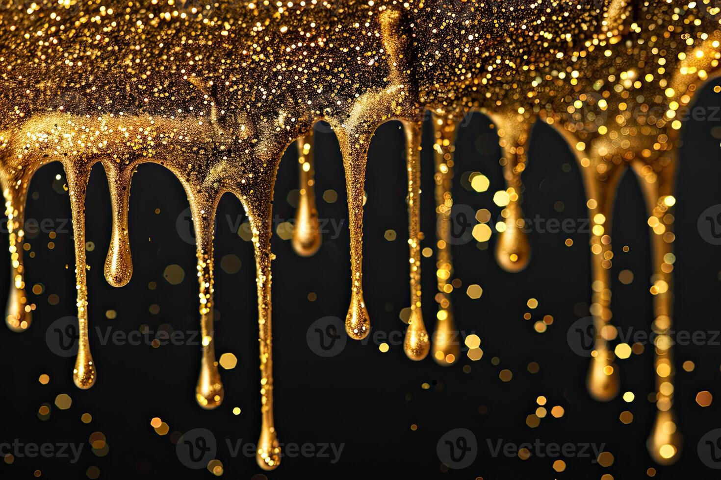 AI generated gold glitter paint dripping on black background photo