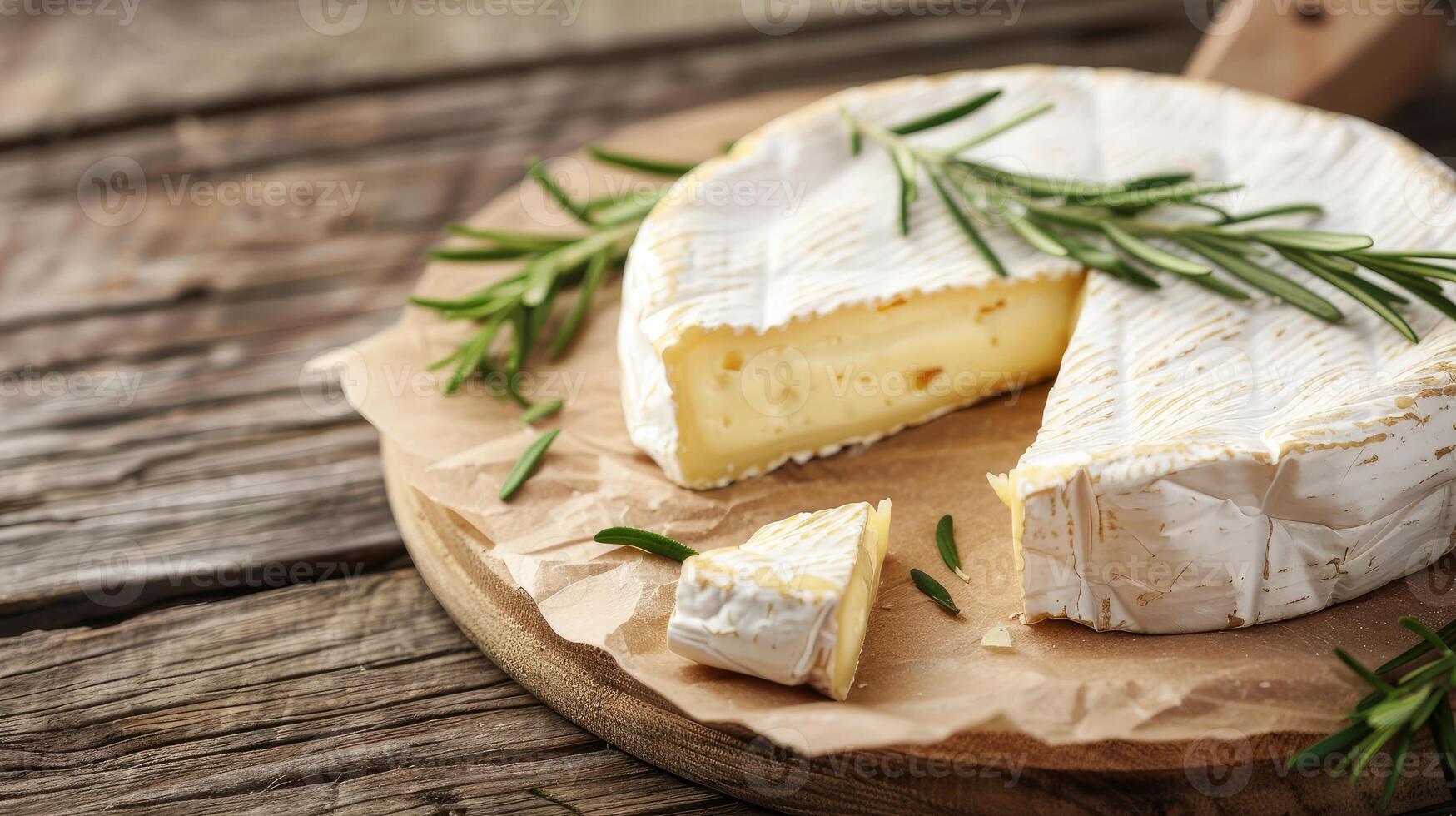 ai generado suave francés queso Camembert queso en madera antecedentes . foto