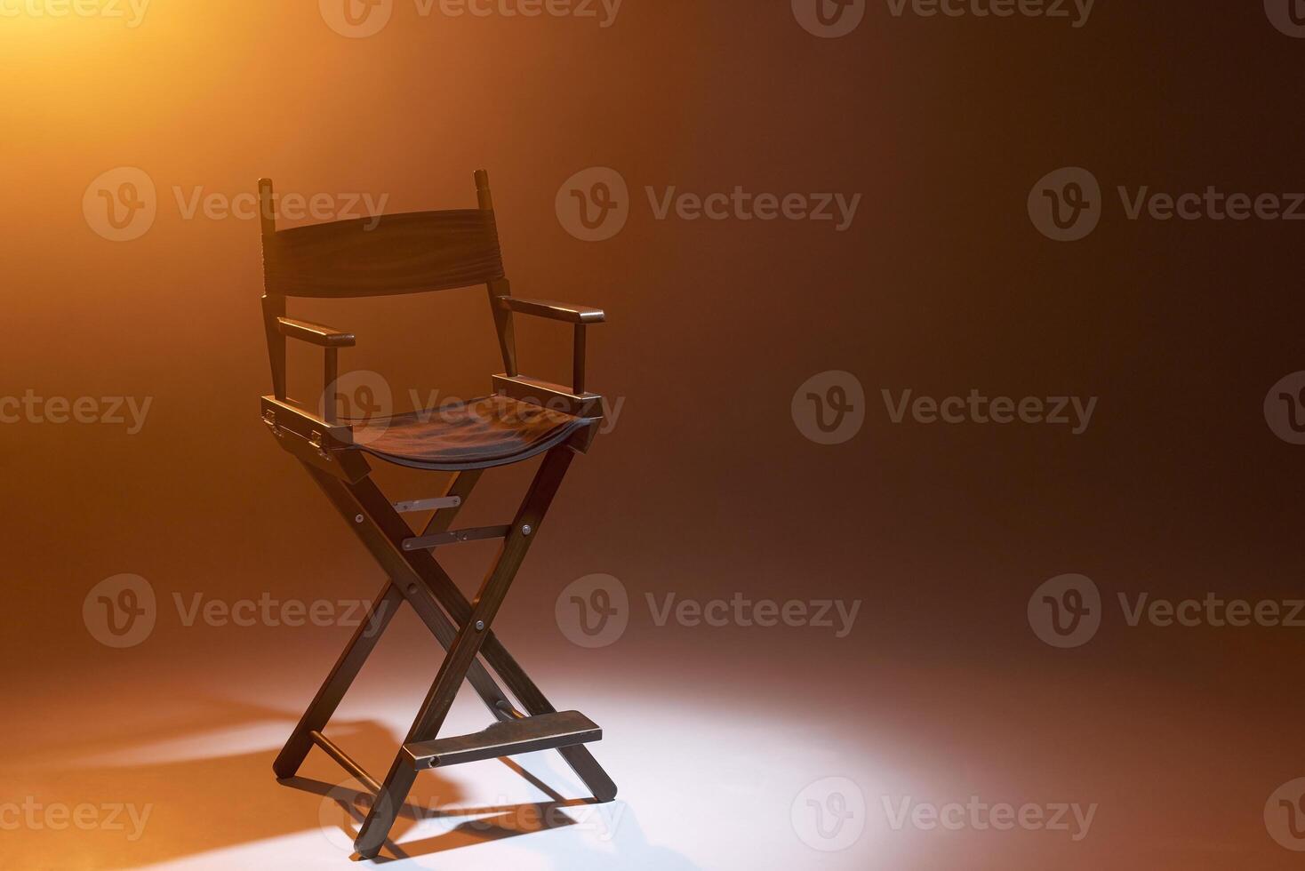 The director's chair stands in a beam of light with an orange backlight and smoke. Place for text. Free chair. Concept of selection and casting. Shadow and light. photo