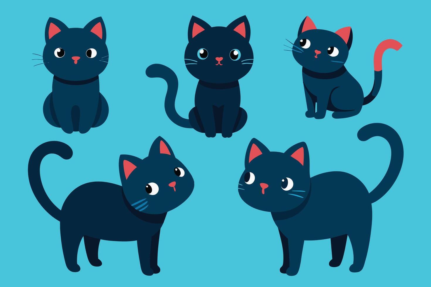 conjunto de lindo gato en diferentes poses ilustración de dibujos animados vector