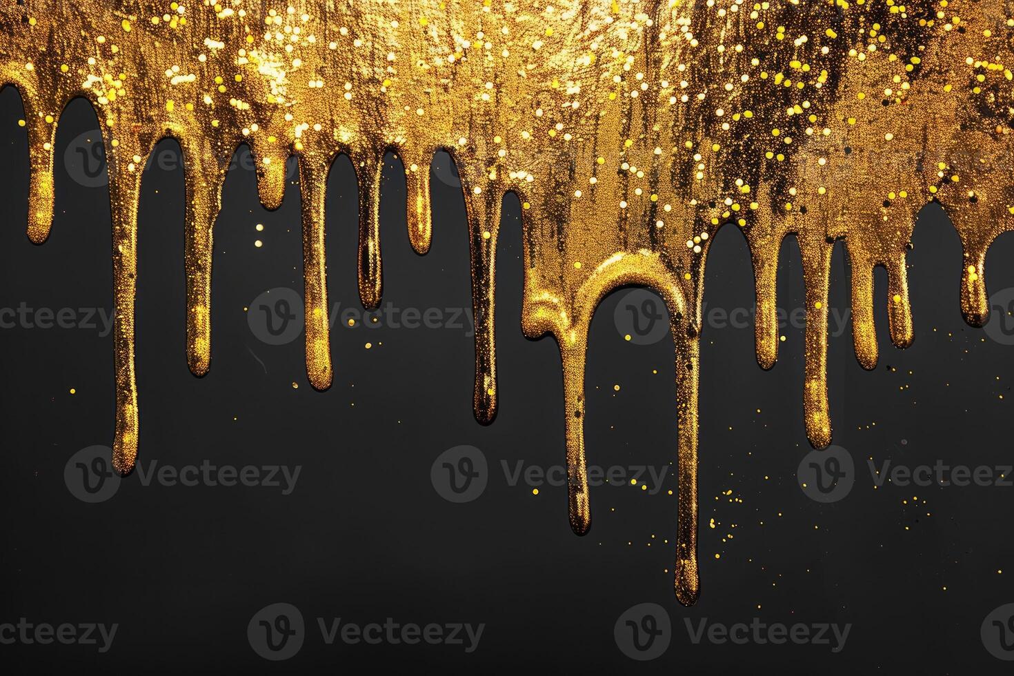 AI generated gold glitter paint dripping on black background photo