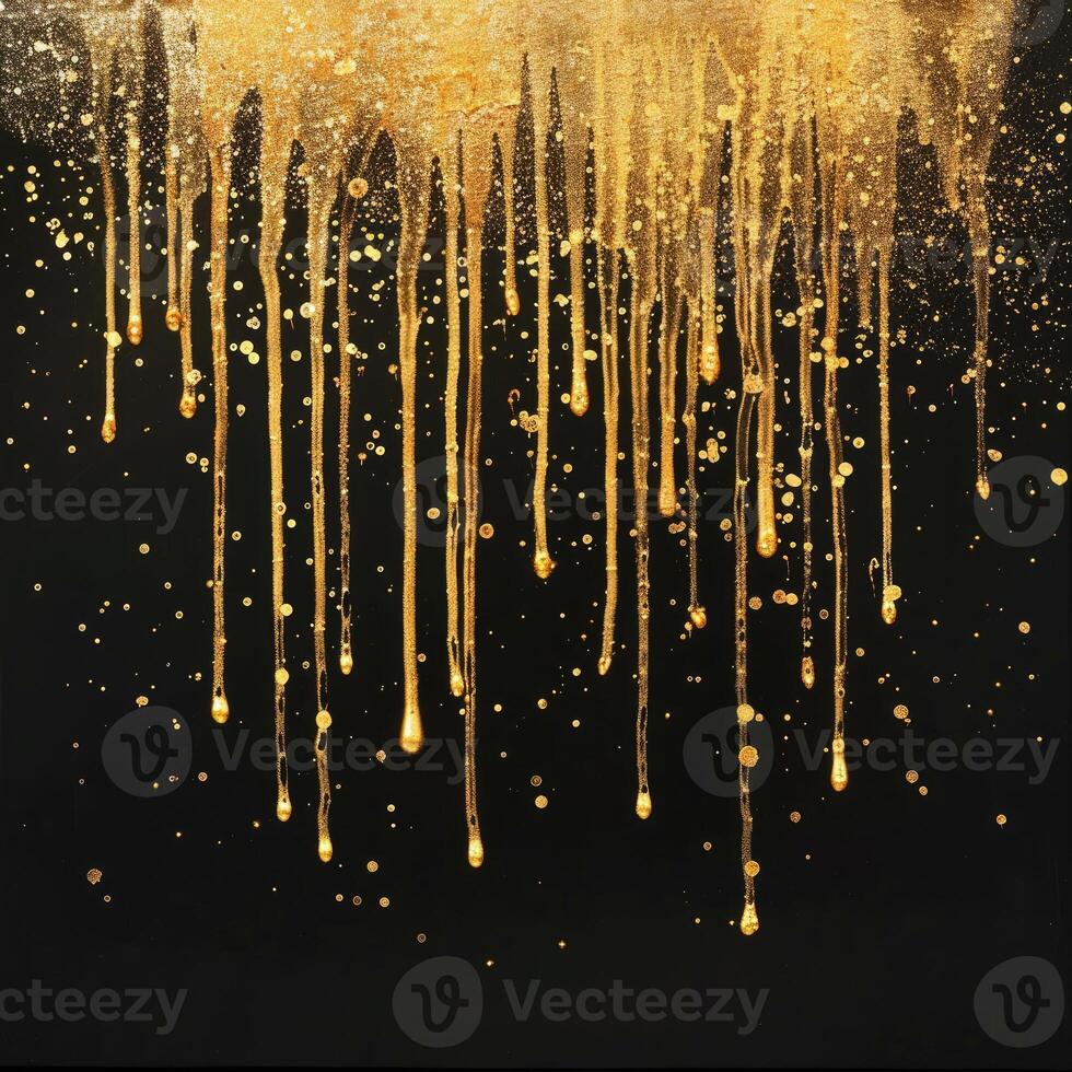 AI generated gold glitter paint dripping on black background photo