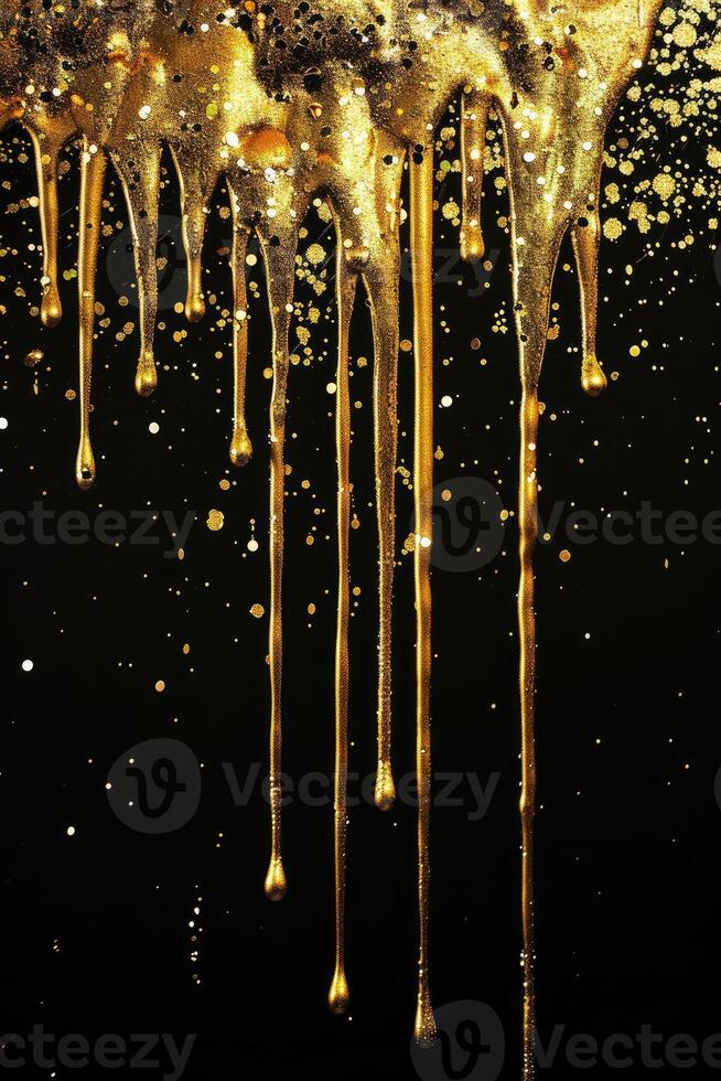 AI generated gold glitter paint dripping on black background photo