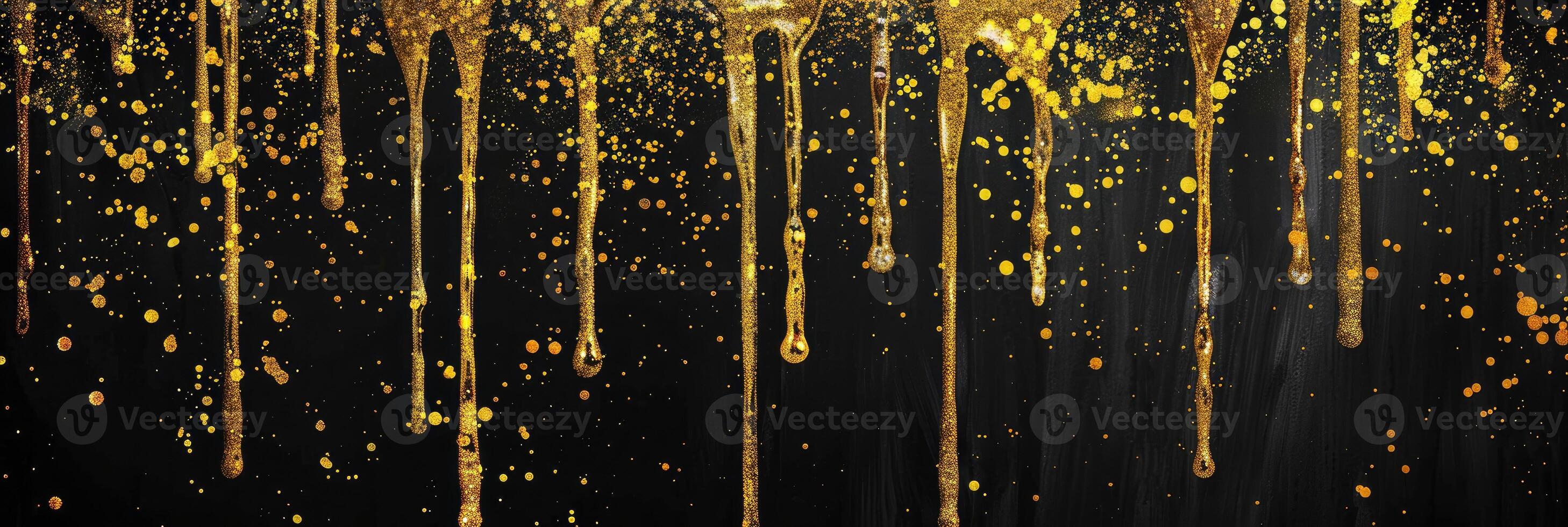 AI generated gold glitter paint dripping on black background photo