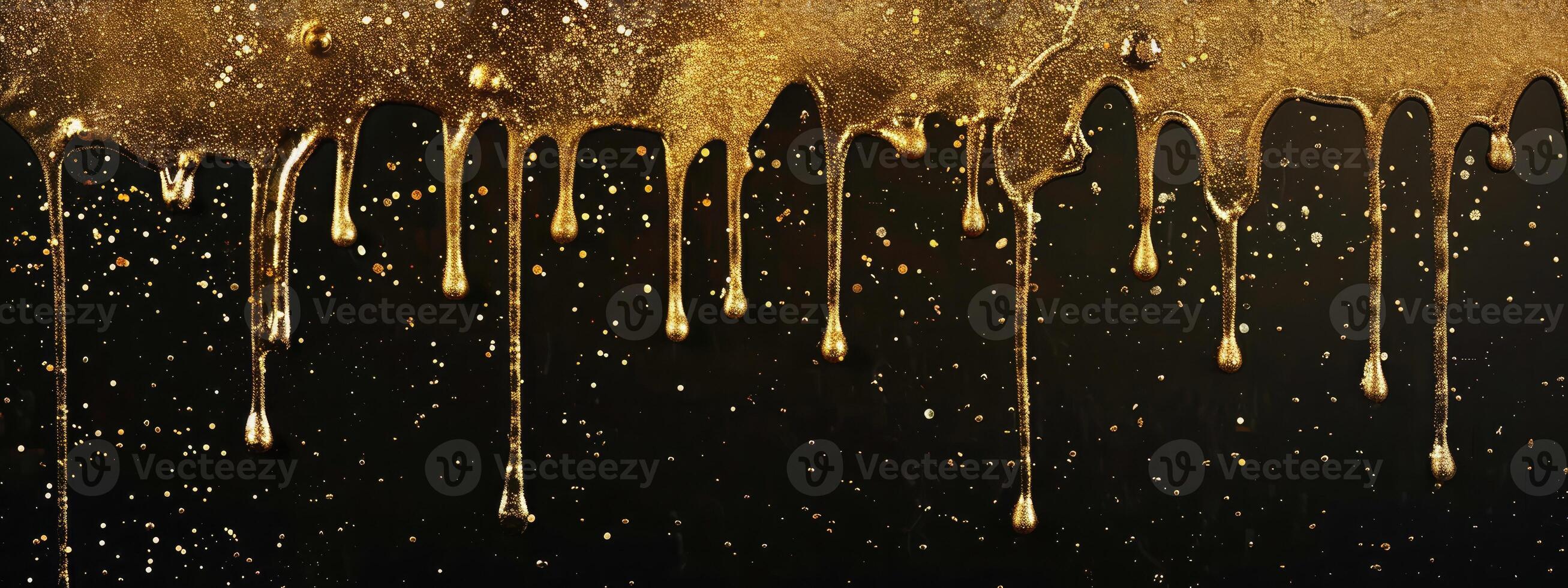 AI generated gold glitter paint dripping on black background photo