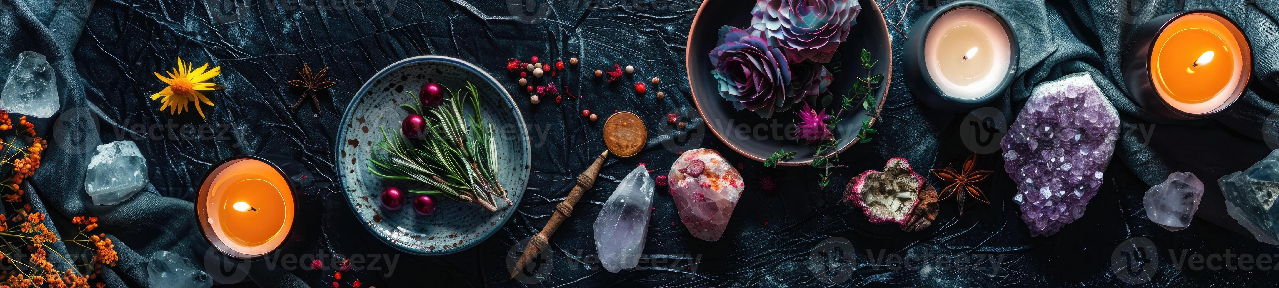 AI generated mystical atmosphere, plate with herbs candles and crystals photo