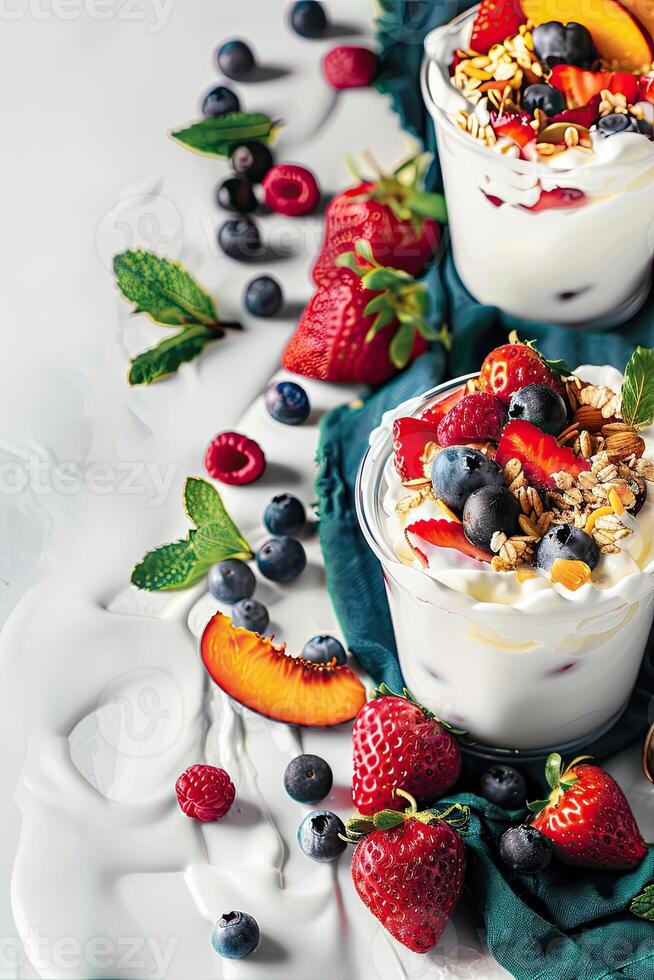 AI generated background with yogurt, strawberries, peaches and blueberries photo