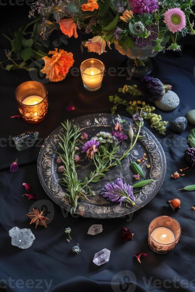 AI generated mystical atmosphere, plate with herbs candles and crystals photo