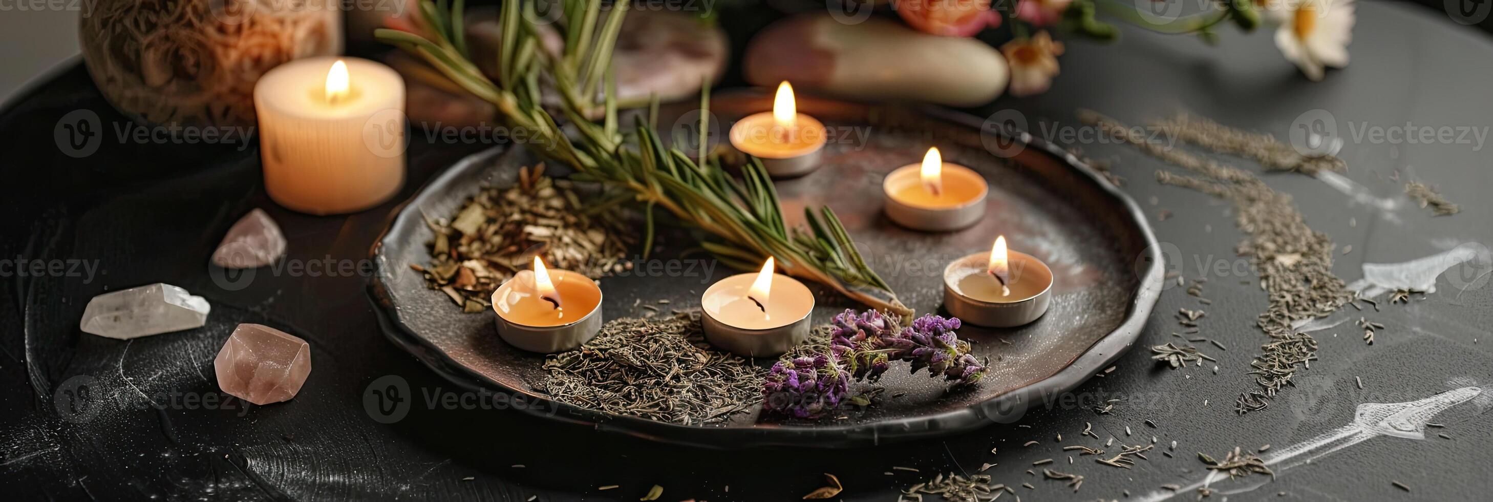 AI generated mystical atmosphere, plate with herbs candles and crystals photo