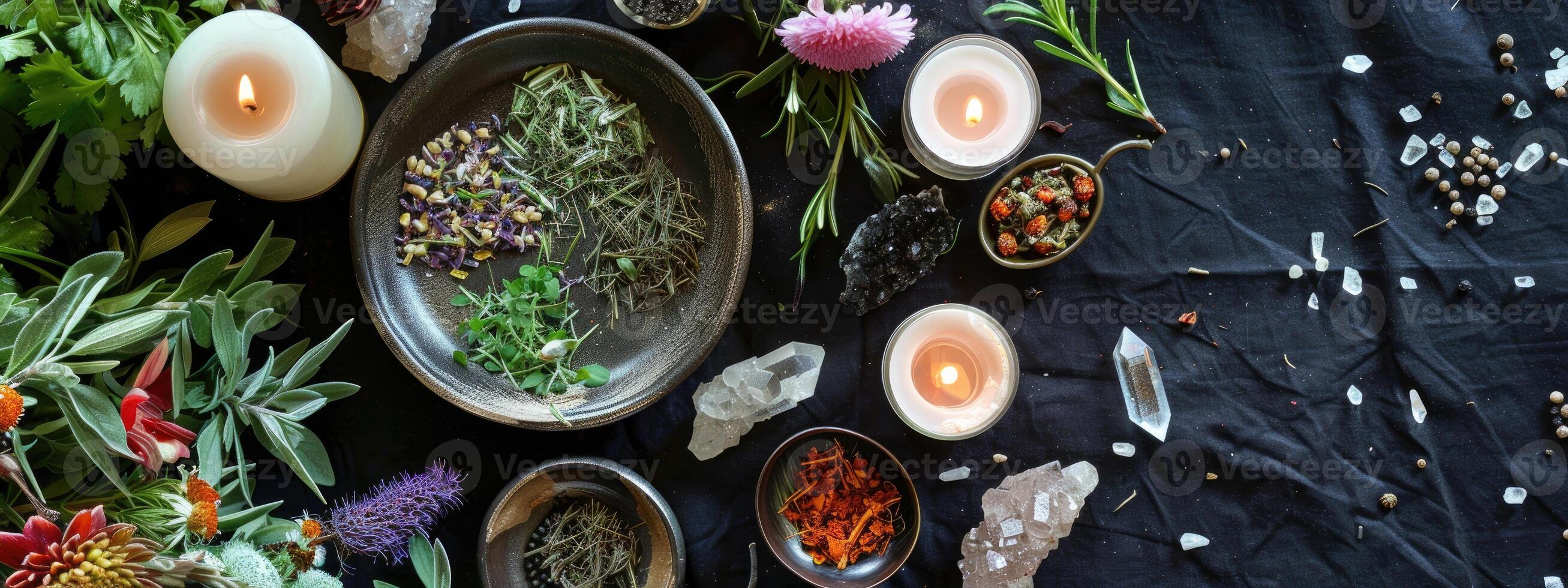 AI generated mystical atmosphere, plate with herbs candles and crystals photo