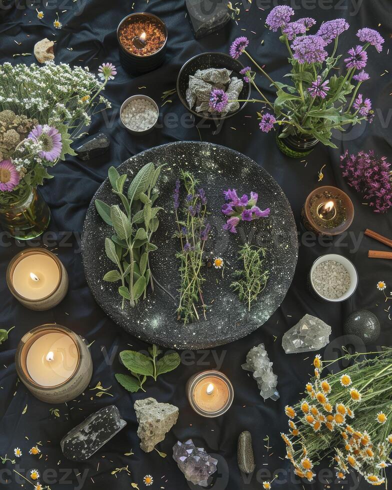 AI generated mystical atmosphere, plate with herbs candles and crystals photo