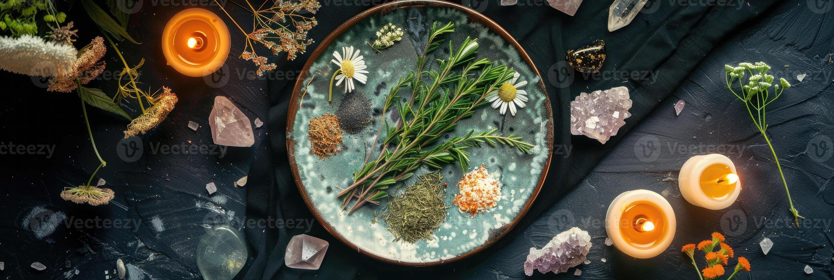 AI generated mystical atmosphere, plate with herbs candles and crystals photo