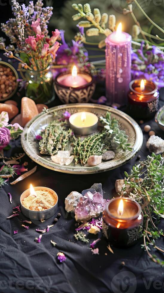 AI generated mystical atmosphere, plate with herbs candles and crystals photo