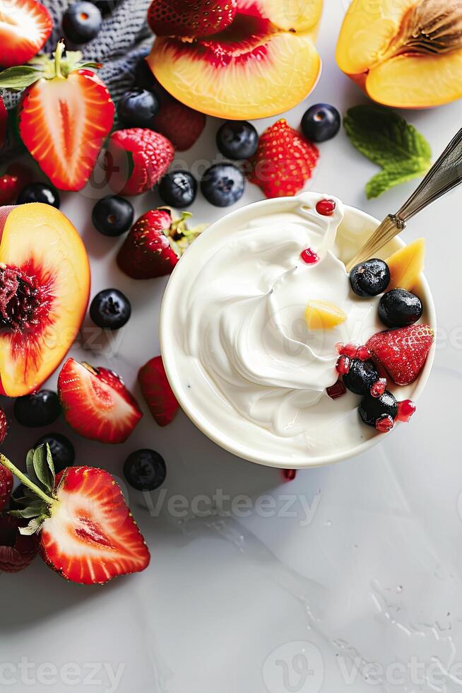 AI generated background with yogurt, strawberries, peaches and blueberries photo