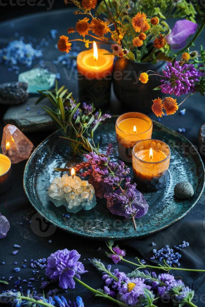 AI generated mystical atmosphere, plate with herbs candles and crystals photo