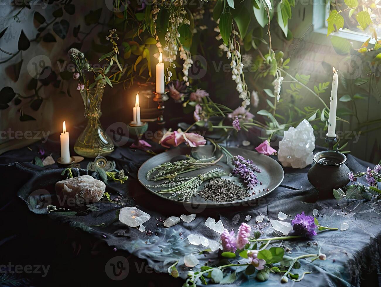 AI generated mystical atmosphere, plate with herbs candles and crystals photo