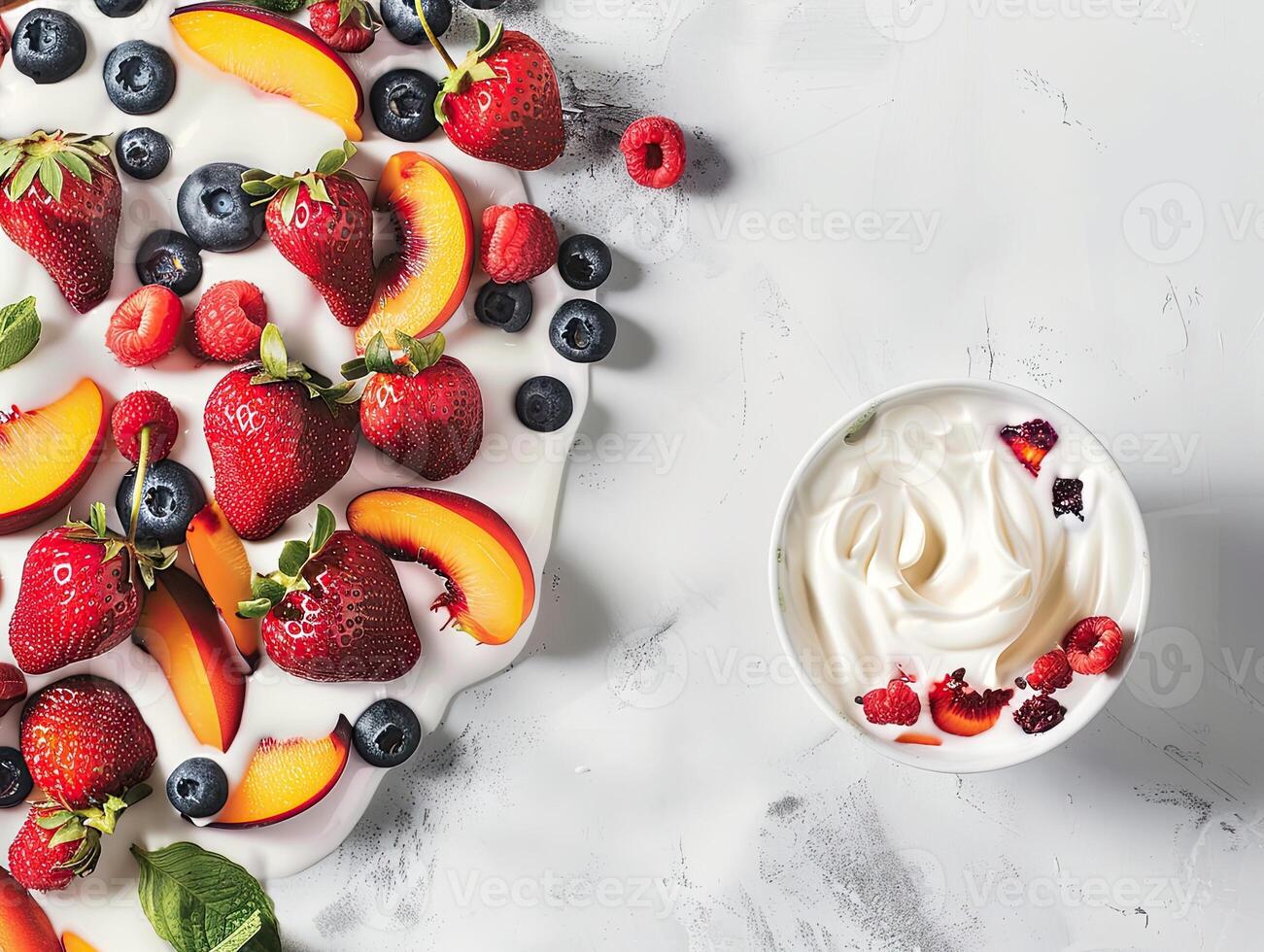 AI generated background with yogurt, strawberries, peaches and blueberries photo