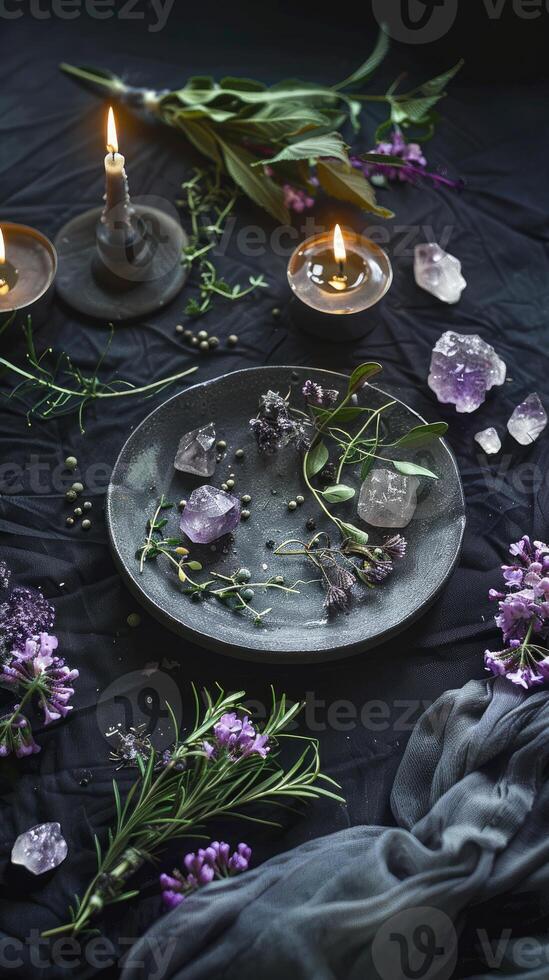 AI generated mystical atmosphere, plate with herbs candles and crystals photo
